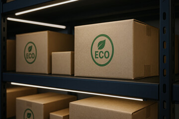 Eco-friendly cardboard boxes with a green leaf logo are neatly stacked on black metal shelves in a dimly lit storage area.
