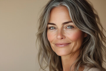 Beautiful mature blonde woman with gray highlights smiling confidently in natural portrait, authentic aging gracefully concept for silver beauty and self-acceptance advertising