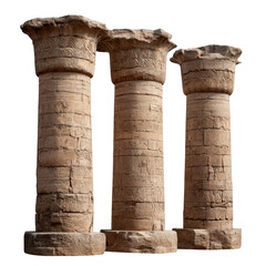 Three ancient stone columns with hieroglyphics and decorative capitals on a black background