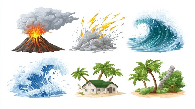 The cartoon illustration depicts various natural disasters, including extreme weather conditions like floods, avalanches, and hurricanes, as well as earthquakes and tsunamis, all in isolated flat