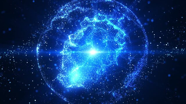 Dark blue energy sphere created from glowing liquid particles and magic plasma on dark background. abstract atomic science background. Wave magic ball glitter particles