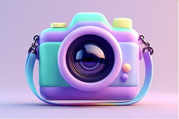 Chubby camera icon with oversized lens, rainbow strap, and blinking shutter eye — rendered in pastel lavender and mint