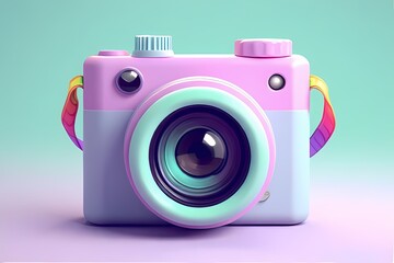 Chubby camera icon with oversized lens, rainbow strap, and blinking shutter eye — rendered in pastel lavender and mint