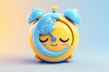 “Sleeping moon-shaped alarm clock with little legs and a nightcap — round, glossy, and shaded in lemon and sky blue
