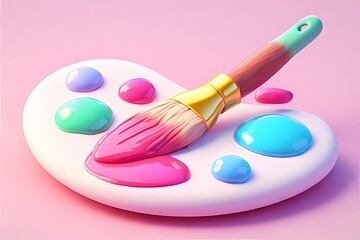 Bubble-style paint palette with rounded paint blobs and a smiling brush dipped in pink — cheerful and colorful.