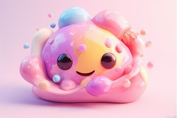 Bubble-style paint palette with rounded paint blobs and a smiling brush dipped in pink — cheerful and colorful.