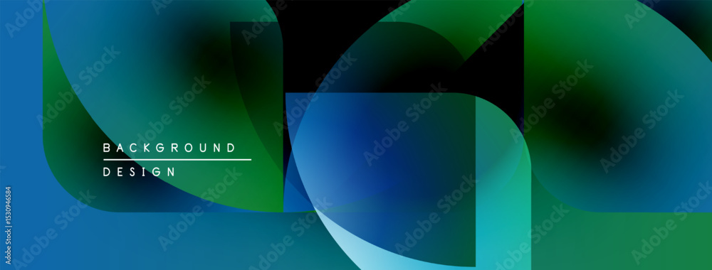 Poster abstract geometric shapes overlap, creating vibrant blue, green gradients. modern design elements su