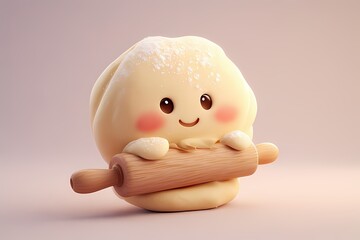 Rolling pin hugging dough with a face imprint — lightly floured and blushing, in bakery beige tones