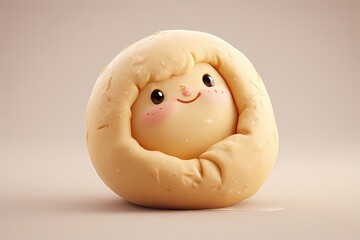 Rolling pin hugging dough with a face imprint — lightly floured and blushing, in bakery beige tones