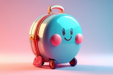 Round suitcase with happy face, blushing wheels, and dangling passport charm — rendered in glossy coral and turquoise