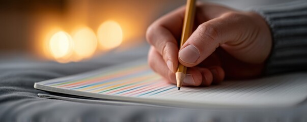 A close-up of a hand holding a pencil, filling in a colorful striped sheet, with warm lights blurred in the background.