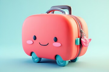 Round suitcase with happy face, blushing wheels, and dangling passport charm — rendered in glossy coral and turquoise