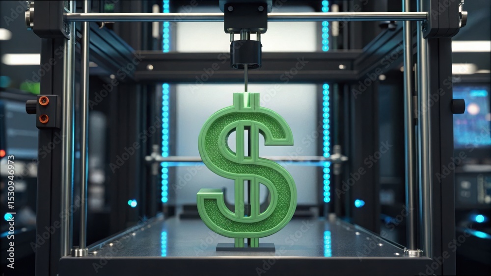 Poster modern 3d printer creating symbol of currency with growing technology