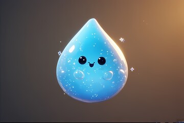 Chubby raindrop in soft blue with big eyes and sparkles inside — floating like jelly.