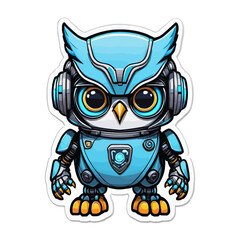 A high-quality illustration of a futuristic owl robot character designed with blue armor, glowing elements, and mechanical details. This cute and imaginative character design combines animal features 