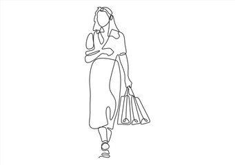 Woman with shopping bags in one line. Continuous Line. line icon-continuous line drawing. Editable stroke.