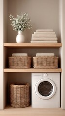 A neatly organized laundry nook with wicker baskets, folded towels, a washing machine, and a white vase with flowers on wooden shelves.
