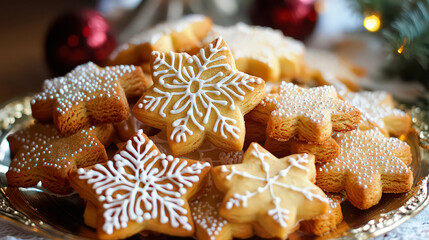An assortment of holiday-themed decorative cookies arranged on a decorative plate. Traditional Christmas cookies