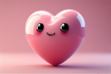 Puffy heart shape with glossy blush pink finish and smiling eyes — softly inflated like a balloon