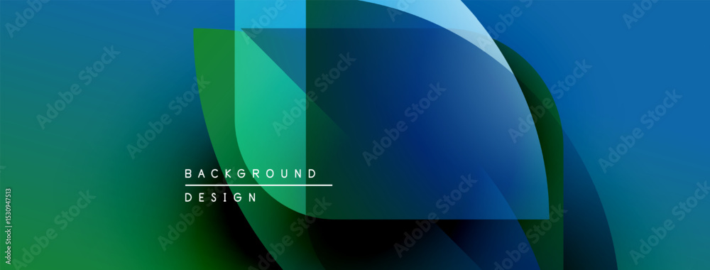 Poster abstract geometric shapes overlap, creating vibrant blue, green gradients. modern design elements su