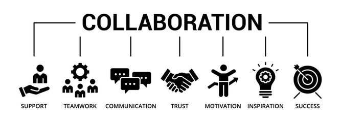 Collaboration banner glyph  icon with support, teamwork, communication, trust, motivation, inspiration, success