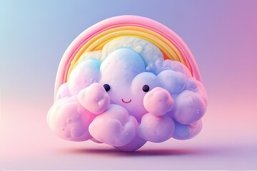 Bubbly cloud shape with soft shadow and pastel rainbow peeking behind — happy and dreamy