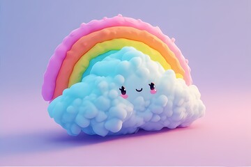Bubbly cloud shape with soft shadow and pastel rainbow peeking behind — happy and dreamy