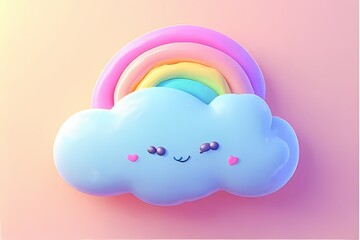 Bubbly cloud shape with soft shadow and pastel rainbow peeking behind — happy and dreamy