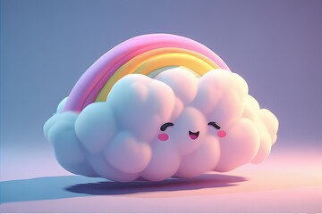 Bubbly cloud shape with soft shadow and pastel rainbow peeking behind — happy and dreamy