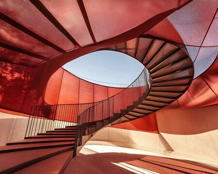 abstract spiral staircase under red fabric canopy. bold shadows and minimalist geometric architecture