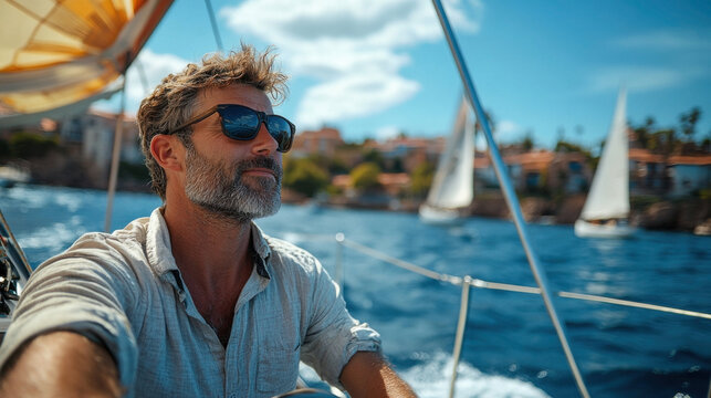 Happy mature bearded man with sunglasses taking selfie on sailing yacht at sea, joyful retirement vacation concept for summer leisure and maritime lifestyle advertising