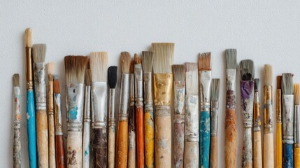 Obraz premium Assortment of used paintbrushes displayed on a textured white surface