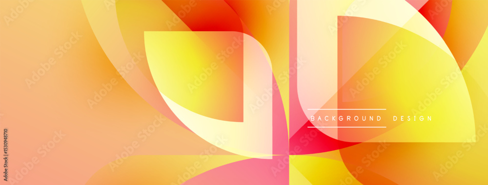 Poster Abstract design features vibrant orange, yellow hues. Overlapping shapes create dynamic visual effect. Modern, clean aesthetic.