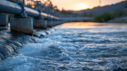 Eco-Conscious Water Flowing Through Elevated Pipes at Sunset