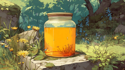 A glass jar filled with golden honey resting on a stone amidst vibrant wildflowers in a serene forest