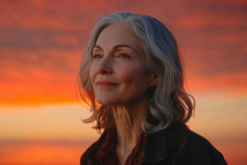 Beautiful mature woman with silver hair in peaceful contemplation against dramatic sunset sky, serene aging gracefully concept for wellness meditation and empowerment advertising