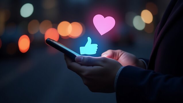 Person using smartphone with glowing like and heart icons