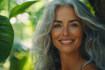 Beautiful mature woman with silver hair smiling confidently outdoors among lush tropical foliage, radiant aging gracefully concept for natural beauty wellness empowerment advertising