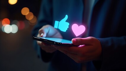 Person using smartphone with glowing like and heart icons