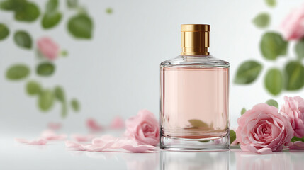 Glass perfume bottle with golden cap is surrounded by pink roses and petals, creating elegant and romantic atmosphere. soft focus on background enhances delicate beauty