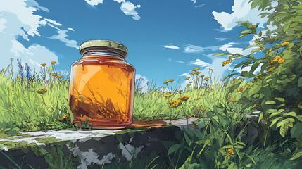A glass jar of honey sits on a stone ledge surrounded by vibrant flowers under a blue sky