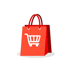Vibrant red shopping bag with cart icon, isolated on white