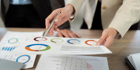 Business Collaboration and Financial Analysis. Professionals reviewing data reports together.