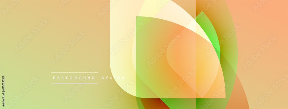 Poster abstract geometric shapes overlap. soft yellow, orange, green hues blend smoothly creating modern ba