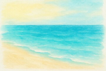 Obraz premium Watercolor painting of a calm ocean and sandy beach. Abstract seascape artwork for relaxation and peace concept. Summer vacation backdrop.