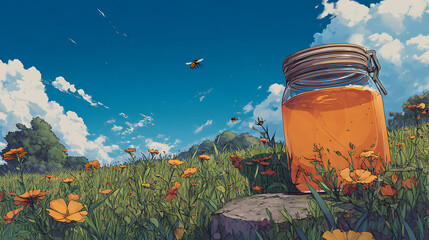 A vibrant jar of honey sits on a log in a sunny meadow filled with blooming flowers and bees