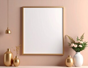 Decorative display of empty frame and elegant vases in modern interior setting minimalistic style soft lighting