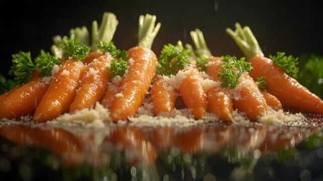 Gourmet chefs preparation of seasoned carrots with parsley and garlic on a black plate.