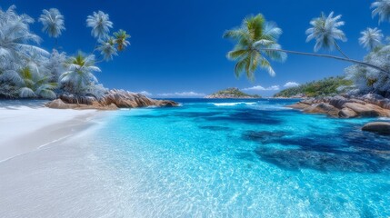 Fototapeta premium A wide panoramic background of a stunning tropical beach with white sand and coconut palms makes this banner ideal for travel and tourism, showcasing an amazing beach landscape