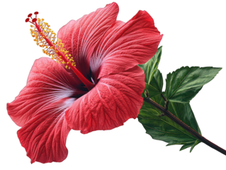 Vibrant red hibiscus bloom w/ dark stem & ivy leaves
